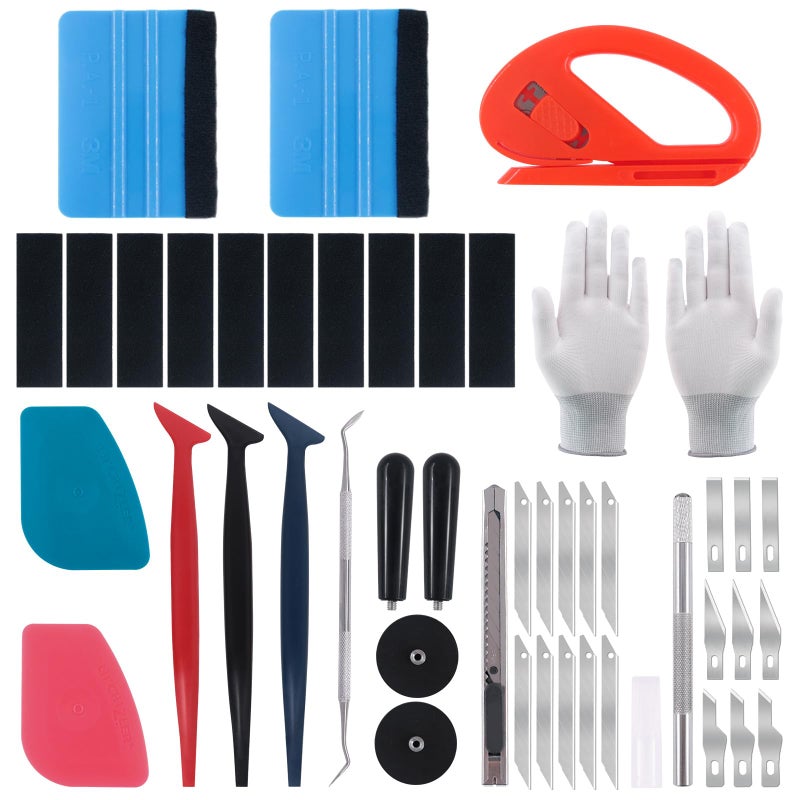 Keadic 47Pcs Car Vinyl Wrap Tool Kits, Felt Squeegees with Spare Fabric Felts, Vinyl Graphic Magnet Holders, Gloves, Zippy Vinyl Cutter, Utility Knife and Blades, Micro Squeegees and Storage Box - Image 1